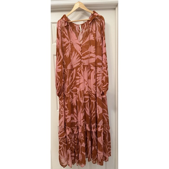 Anthropologie Dresses & Skirts - Anthropologie Maxi Dress Women 3X Terracotta Pink Abstract Floral Sheer Boho
